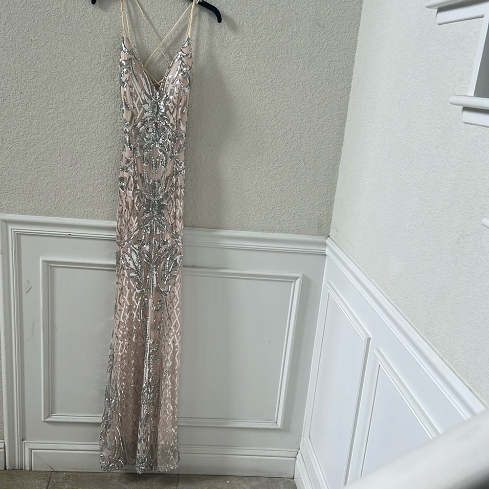 Beige/silver sequins long sleeveless long dress.